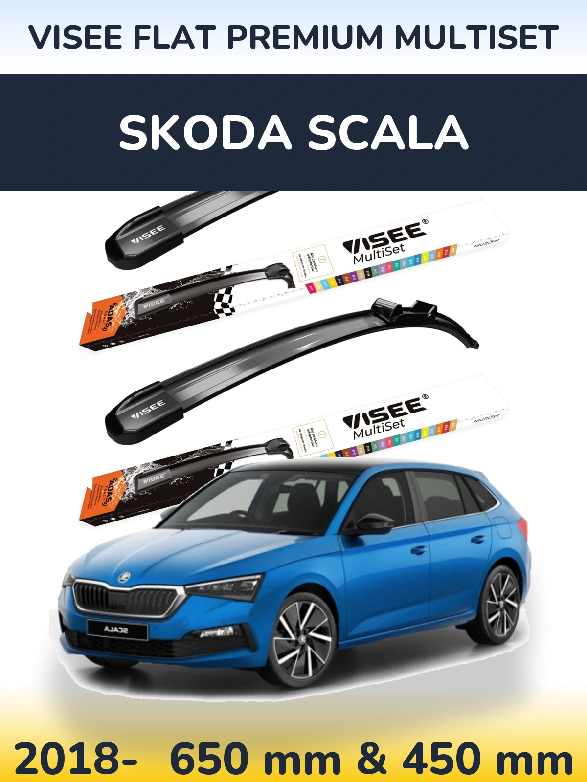 Комплект передніх щіток VISEE FLAT PREMIUM MultiSet 650 & 450 мм для Skoda Scala 2018-2026