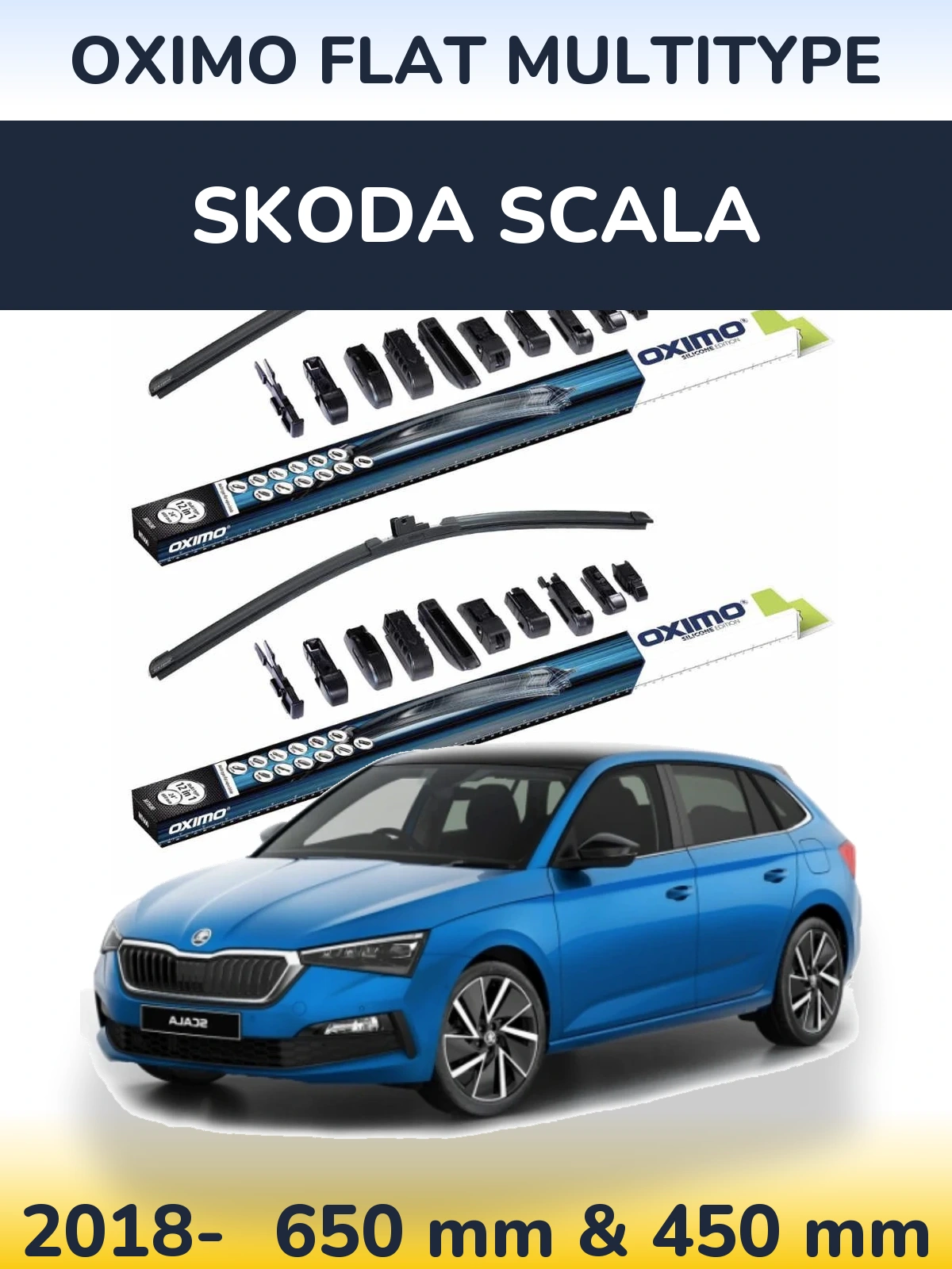 Sada předních stěračů Oximo Flat MultiType 650 a 450 mm pro Skoda Scala 2018-2026