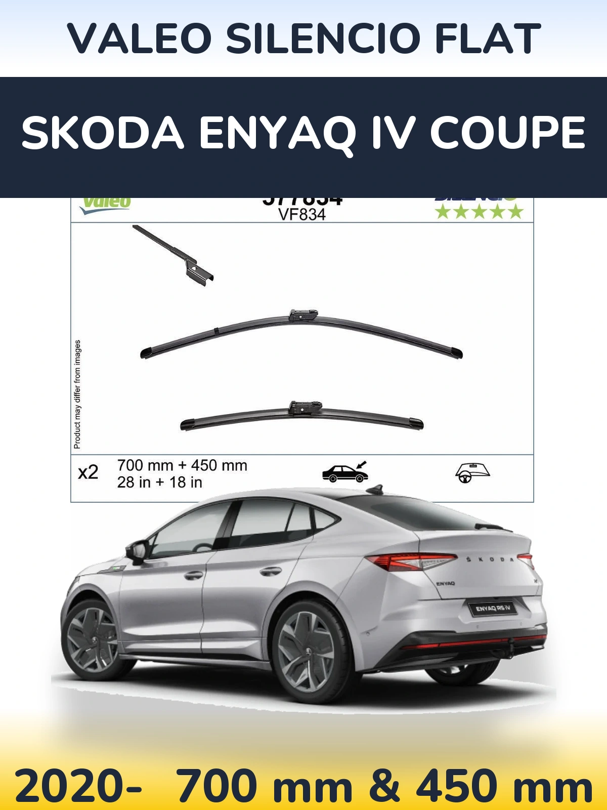 Sada předních stěračů Valeo Silencio Flat 700 a 450 mm pro Skoda Enyaq iV Coupe 2020-2026