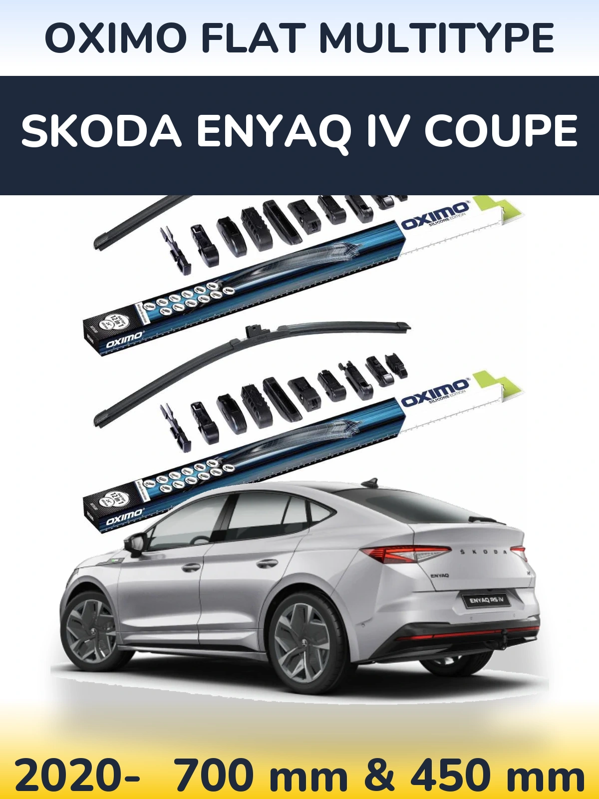 Sada předních stěračů Oximo Flat MultiType 700 a 450 mm pro Skoda Enyaq iV Coupe 2020-2026