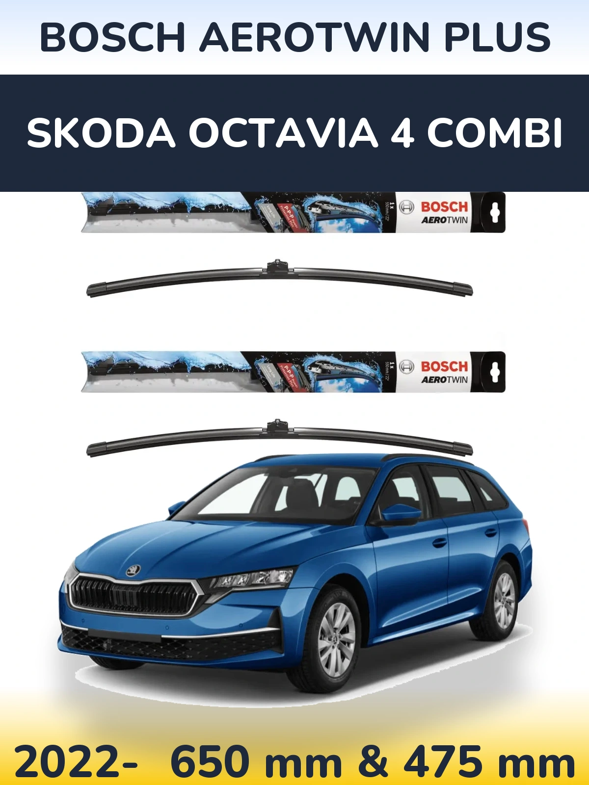 Комплект передніх щіток BOSCH AeroTwin Plus 650 & 475 мм для Skoda Octavia 4 Combi 2022-2026