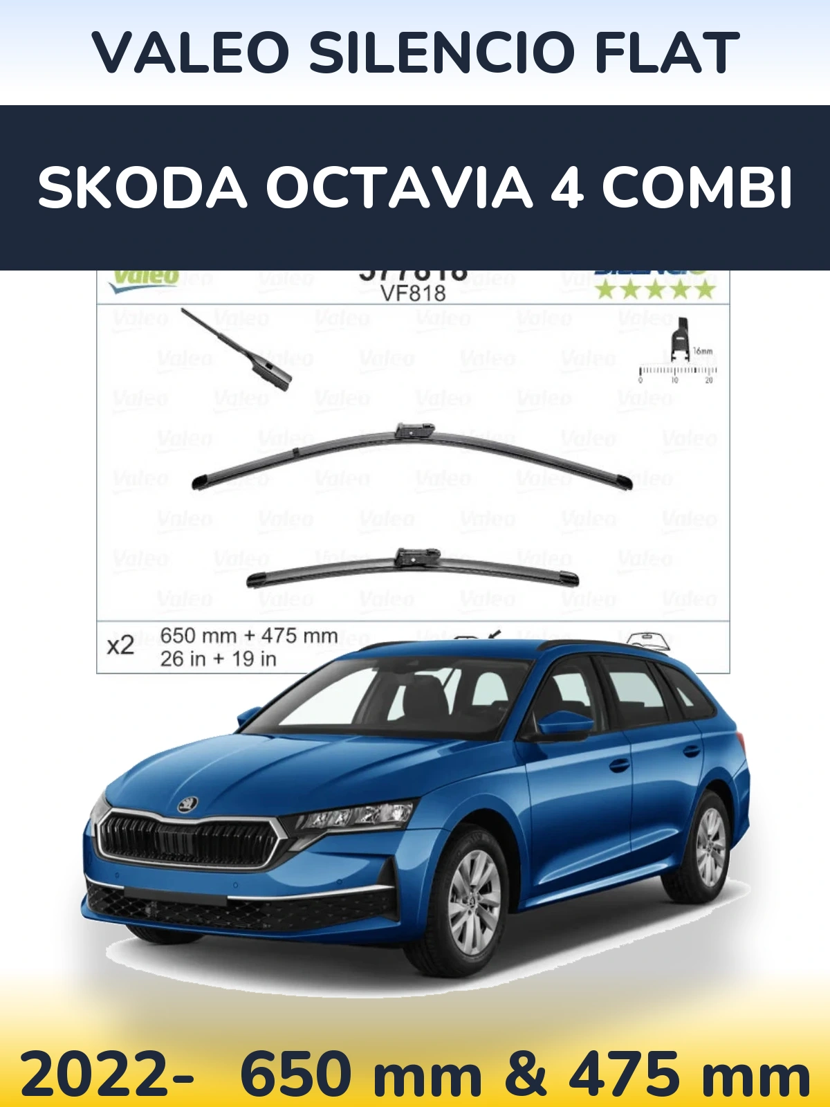 Sada předních stěračů Valeo Silencio Flat 650 a 475 mm pro Skoda Octavia 4 Combi 2022-2026