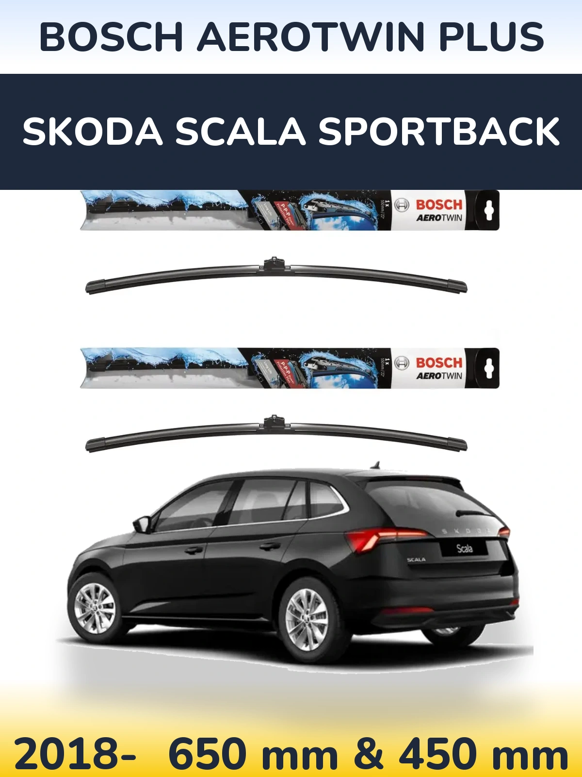 Sada předních stěračů BOSCH AeroTwin Plus 650 a 450 mm pro Skoda Scala Sportback 2018-2026