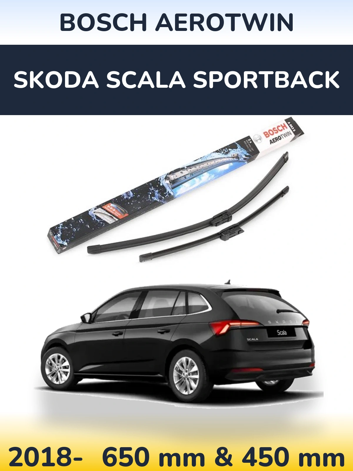 Комплект передніх щіток BOSCH AeroTwin 650 & 450 мм для Skoda Scala Sportback 2018-2026