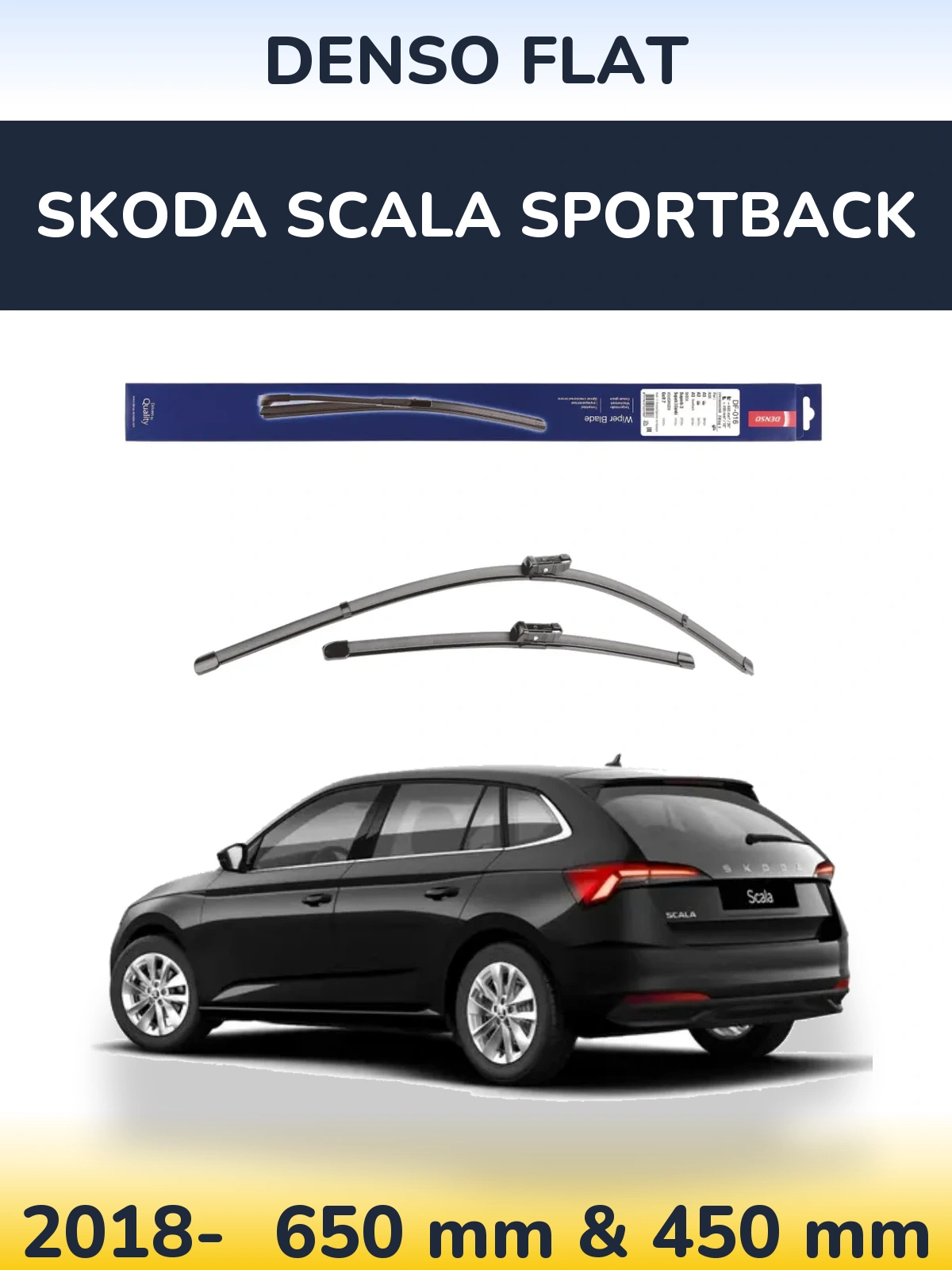 Sada předních stěračů Denso Flat 650 a 450 mm pro Skoda Scala Sportback 2018-2026
