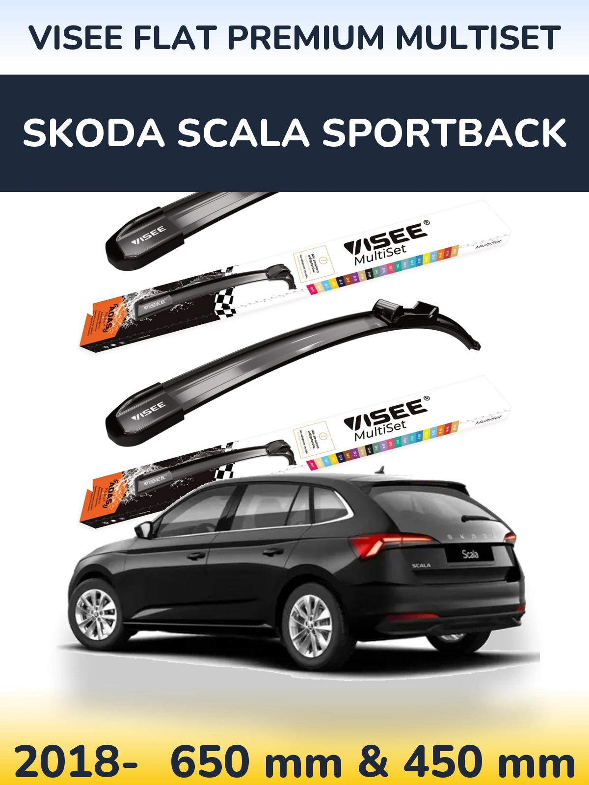 Sada předních stěračů VISEE FLAT PREMIUM MultiSet 650 a 450 mm pro Skoda Scala Sportback 2018-2026