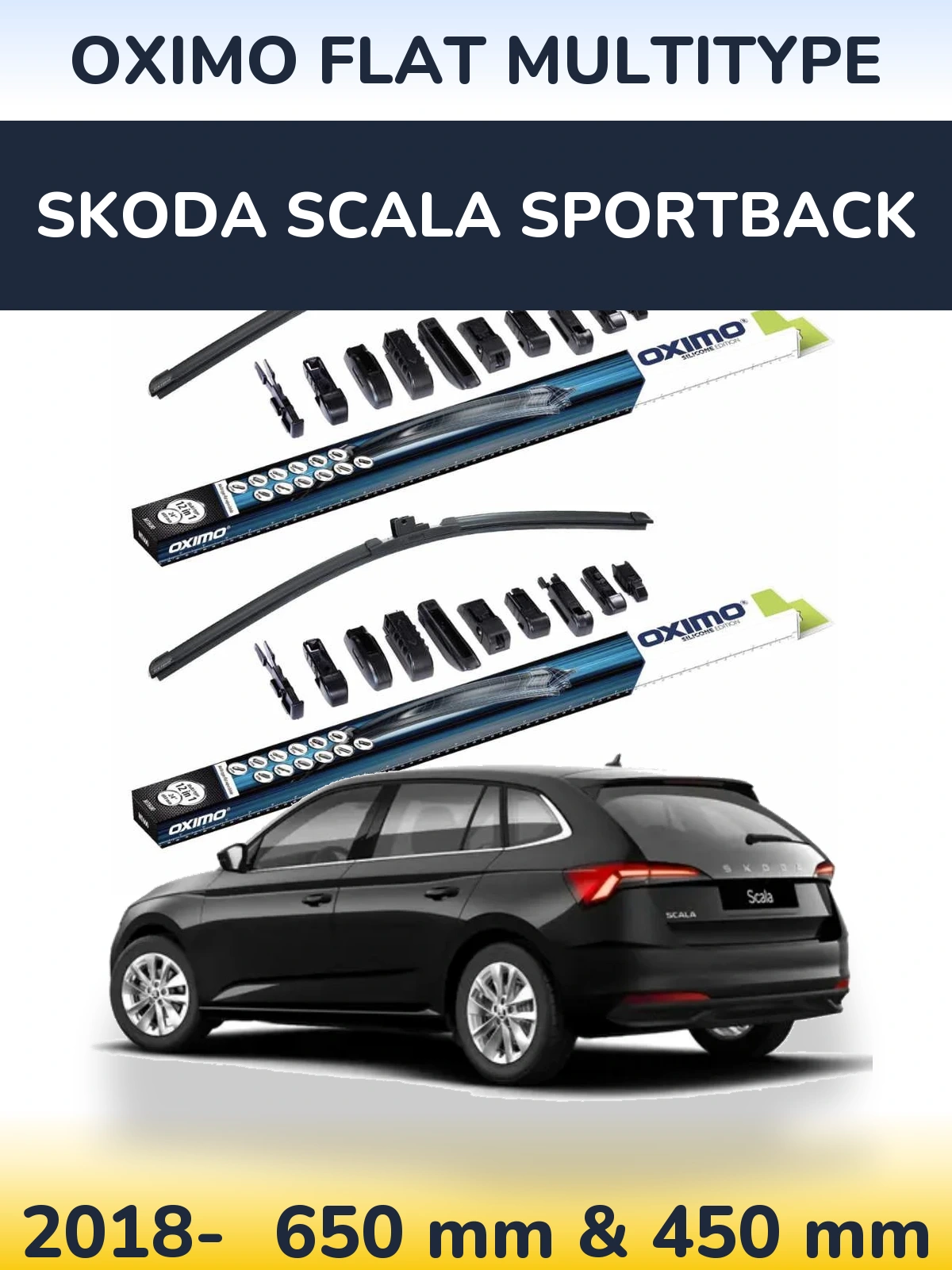 Sada předních stěračů Oximo Flat MultiType 650 a 450 mm pro Skoda Scala Sportback 2018-2026