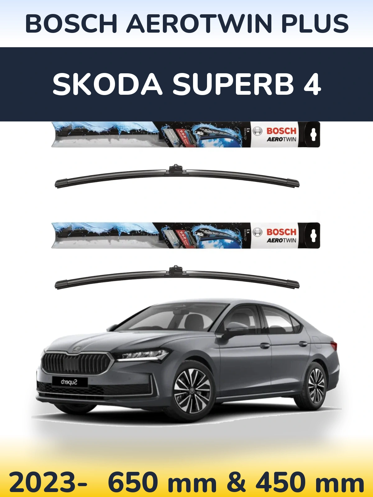 Sada předních stěračů BOSCH AeroTwin Plus 650 a 450 mm pro Skoda Superb 4 2023-2026