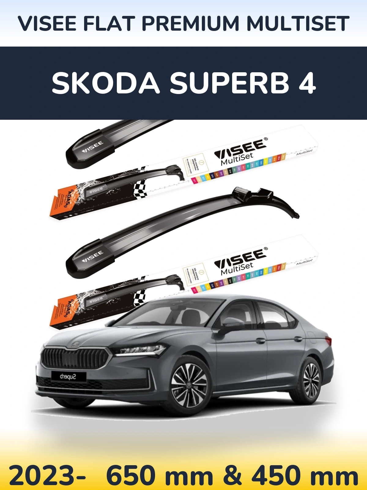 Sada předních stěračů VISEE FLAT PREMIUM MultiSet 650 a 450 mm pro Skoda Superb 4 2023-2026