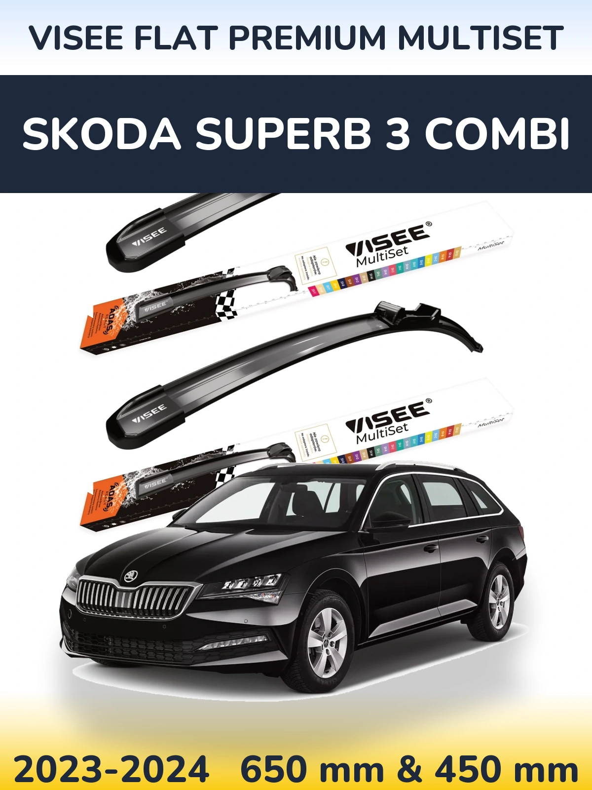 Sada předních stěračů VISEE FLAT PREMIUM MultiSet 650 a 450 mm pro Skoda Superb 3 Combi 2023-2024