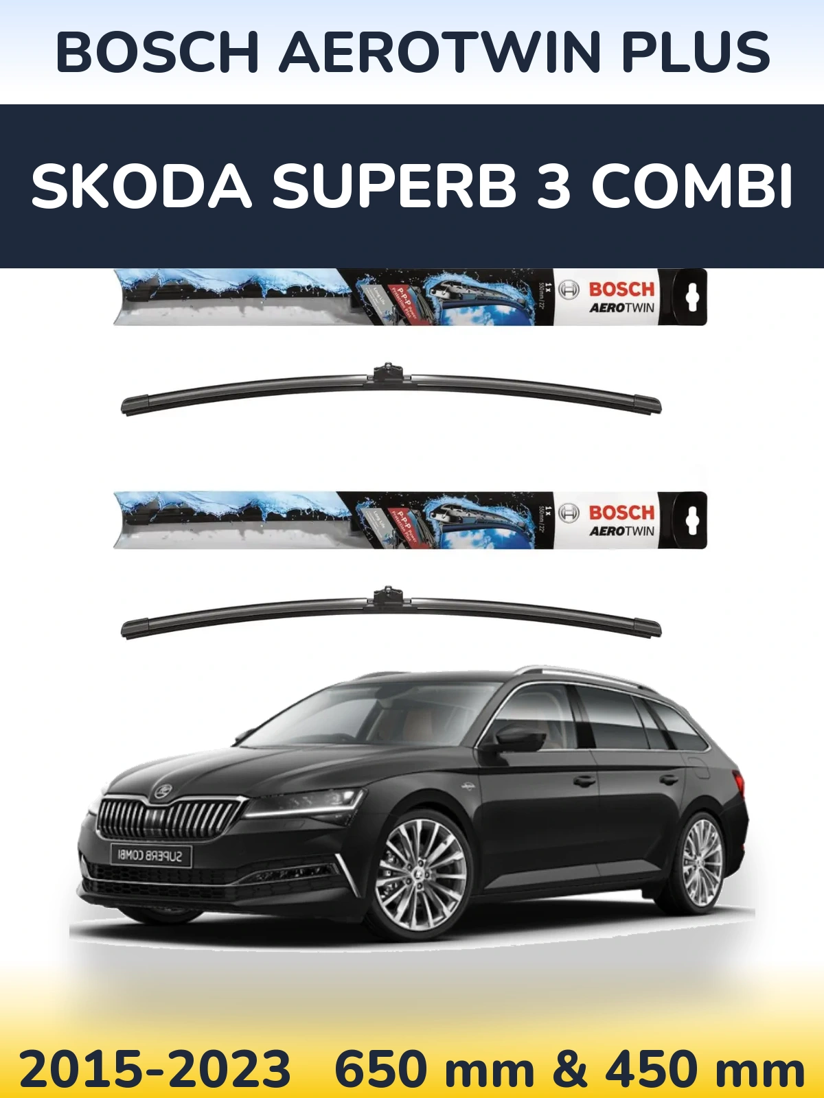 Sada předních stěračů BOSCH AeroTwin Plus 650 a 450 mm pro Skoda Superb 3 Combi 2015-2023