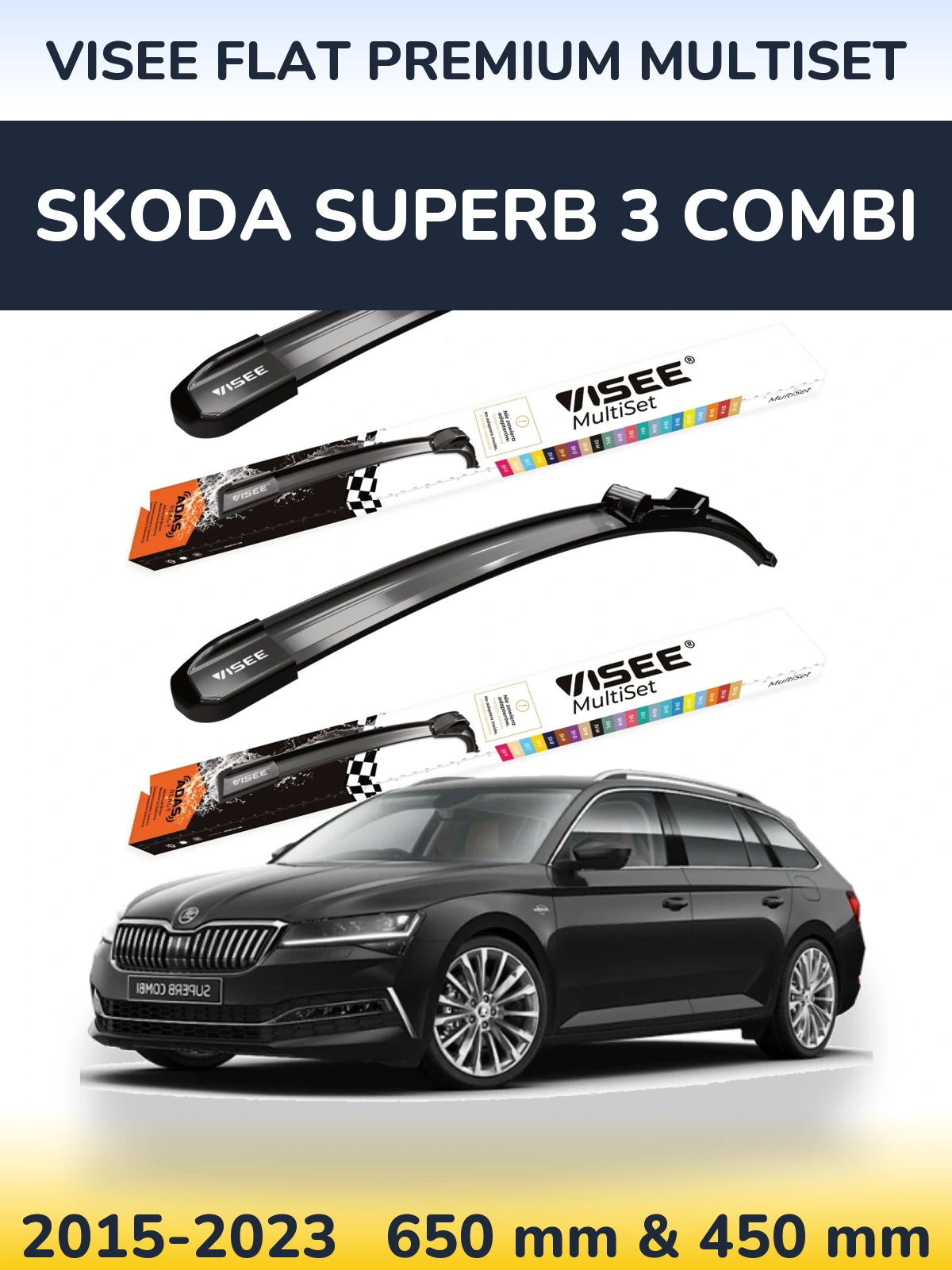 Sada předních stěračů VISEE FLAT PREMIUM MultiSet 650 a 450 mm pro Skoda Superb 3 Combi 2015-2023