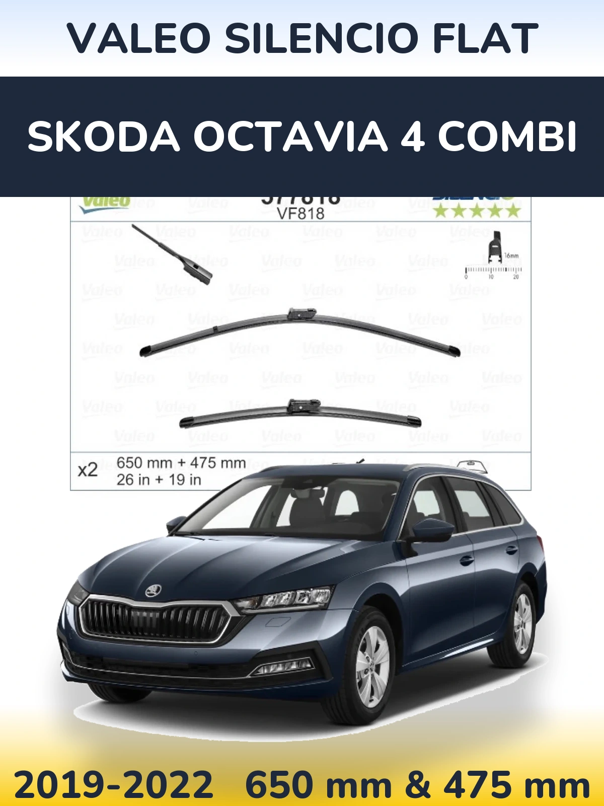 Sada předních stěračů Valeo Silencio Flat 650 a 475 mm pro Skoda Octavia 4 Combi 2019-2022