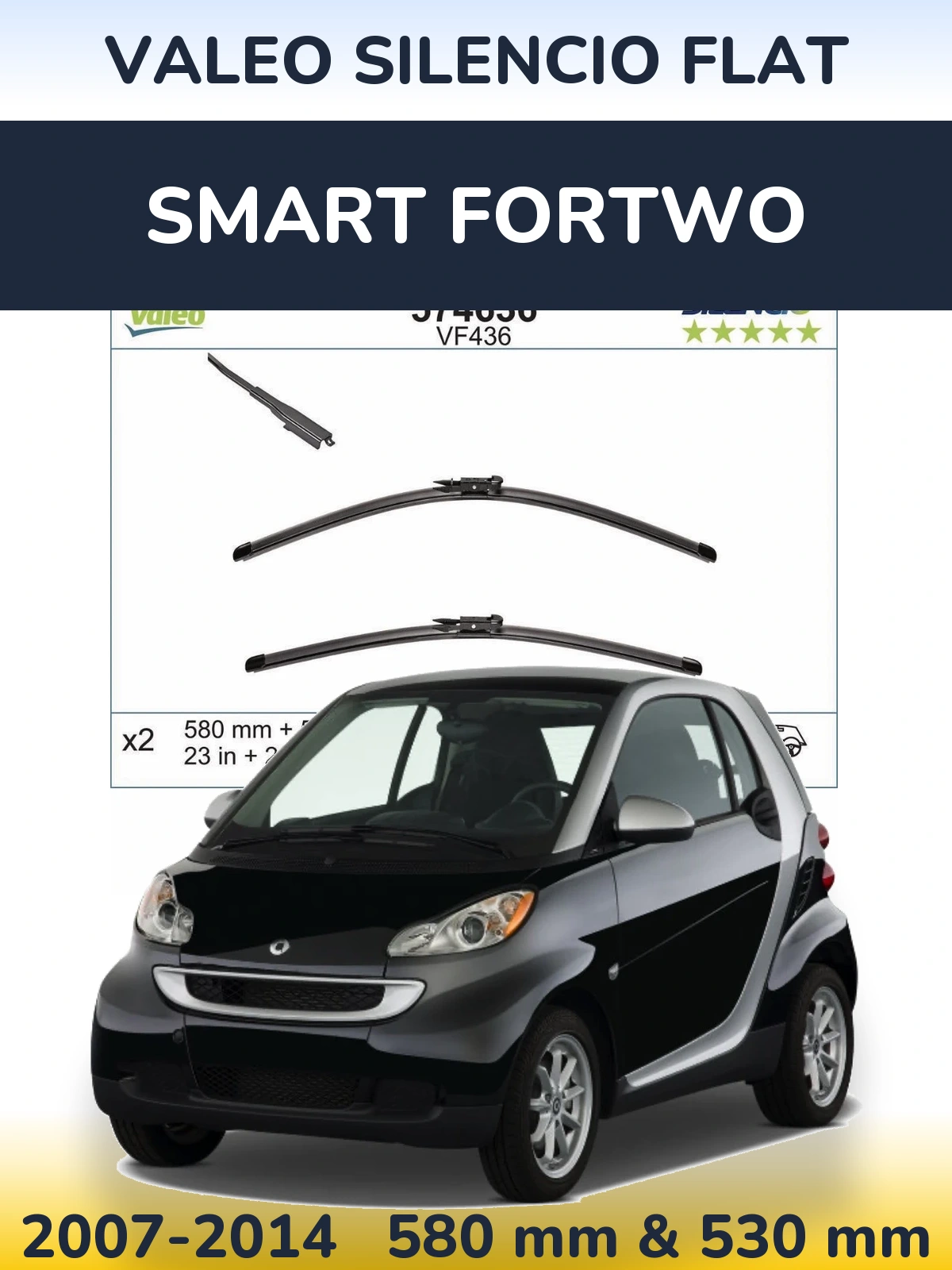 Sada předních stěračů Valeo Silencio Flat 580 a 530 mm pro Smart Fortwo 2007-2014