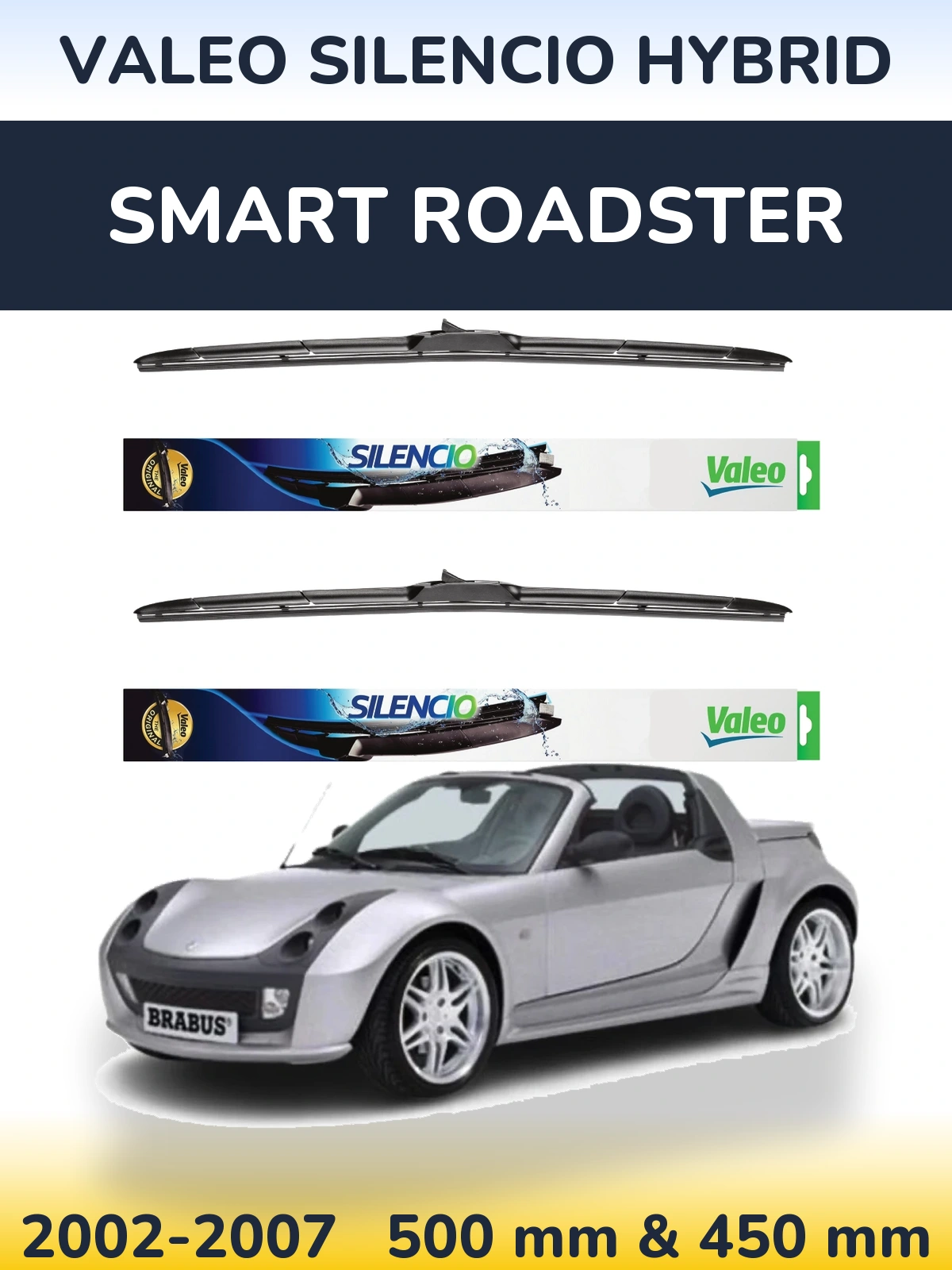 Sada předních stěračů Valeo Silencio Hybrid 500 a 450 mm pro Smart Roadster 2002-2007