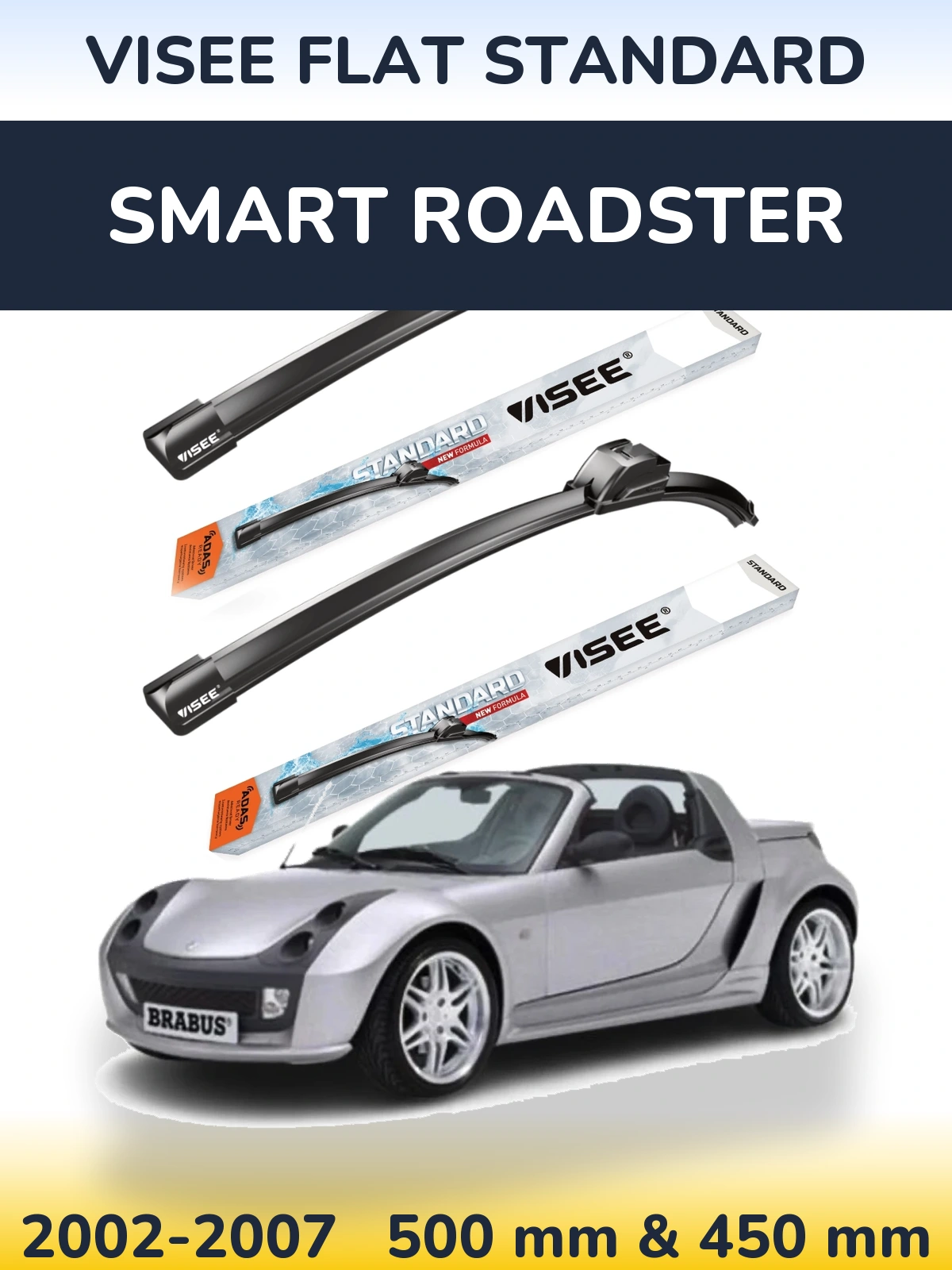 Sada předních stěračů VISEE FLAT STANDARD 500 a 450 mm pro Smart Roadster 2002-2007