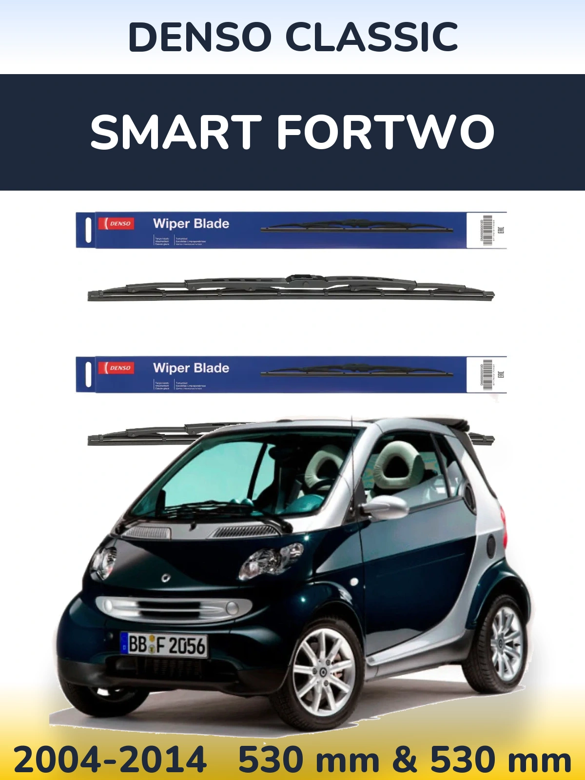 Front wiper blade set Denso Classic 530 & 530 mm for Smart Fortwo 2004-2014