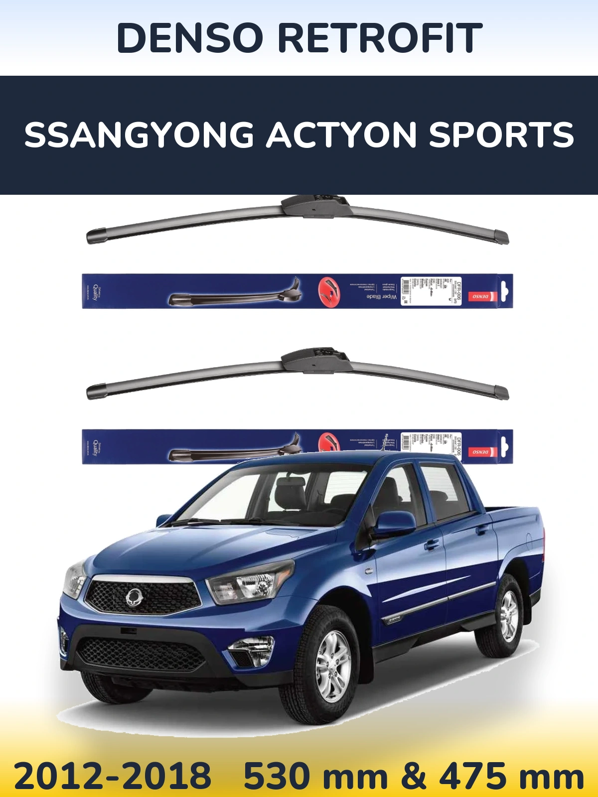 Sada předních stěračů Denso Retrofit 530 a 475 mm pro SsangYong Actyon Sports 2012-2018