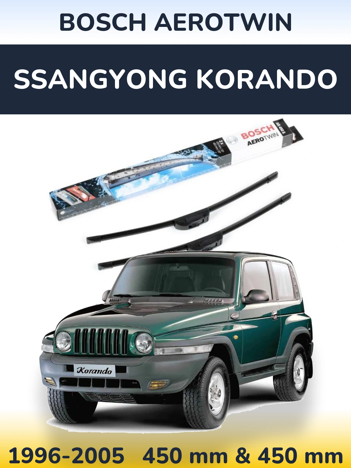 Sada předních stěračů BOSCH AeroTwin 450 a 450 mm pro SsangYong Korando 1996-2005