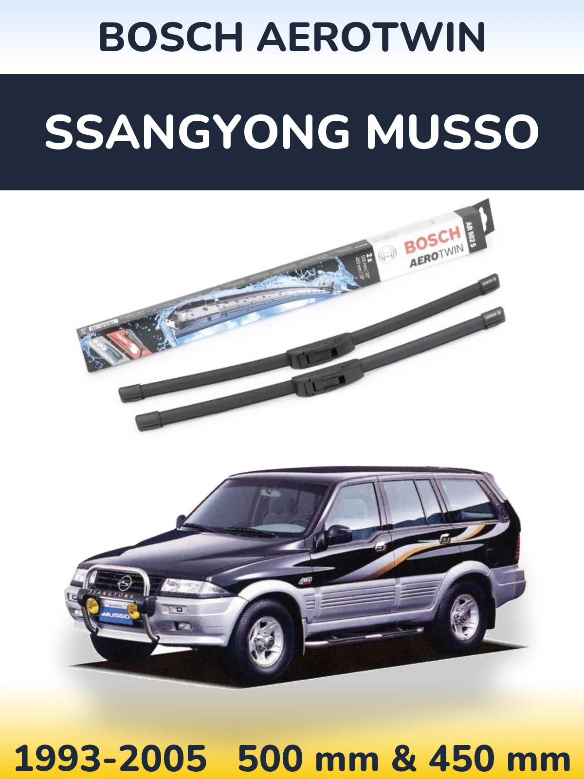 Sada předních stěračů BOSCH AeroTwin 500 a 450 mm pro SsangYong Musso 1993-2005