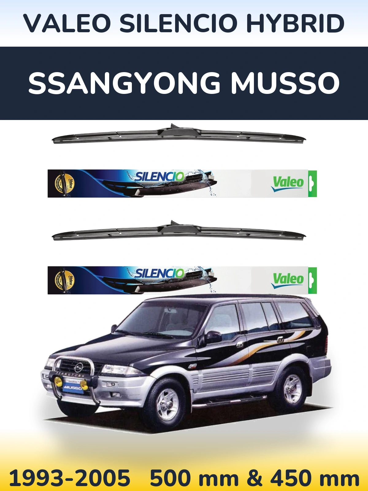 Sada předních stěračů Valeo Silencio Hybrid 500 a 450 mm pro SsangYong Musso 1993-2005