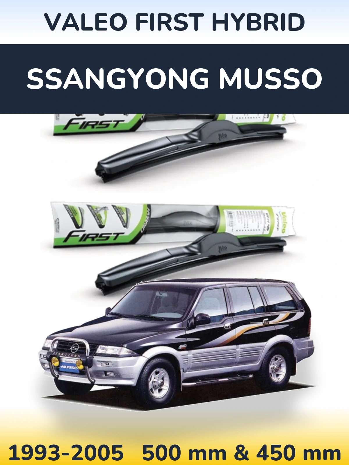 Sada předních stěračů Valeo First Hybrid 500 a 450 mm pro SsangYong Musso 1993-2005