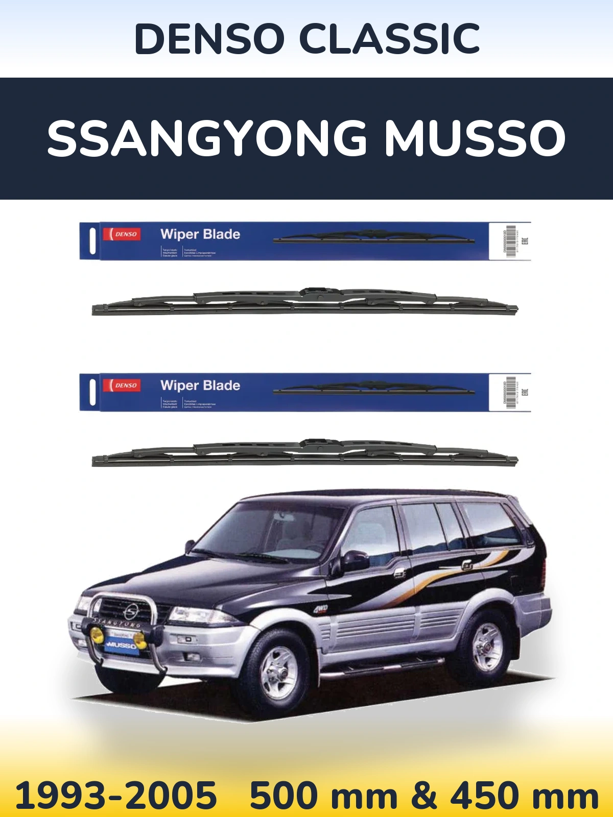 Sada předních stěračů Denso Classic 500 a 450 mm pro SsangYong Musso 1993-2005