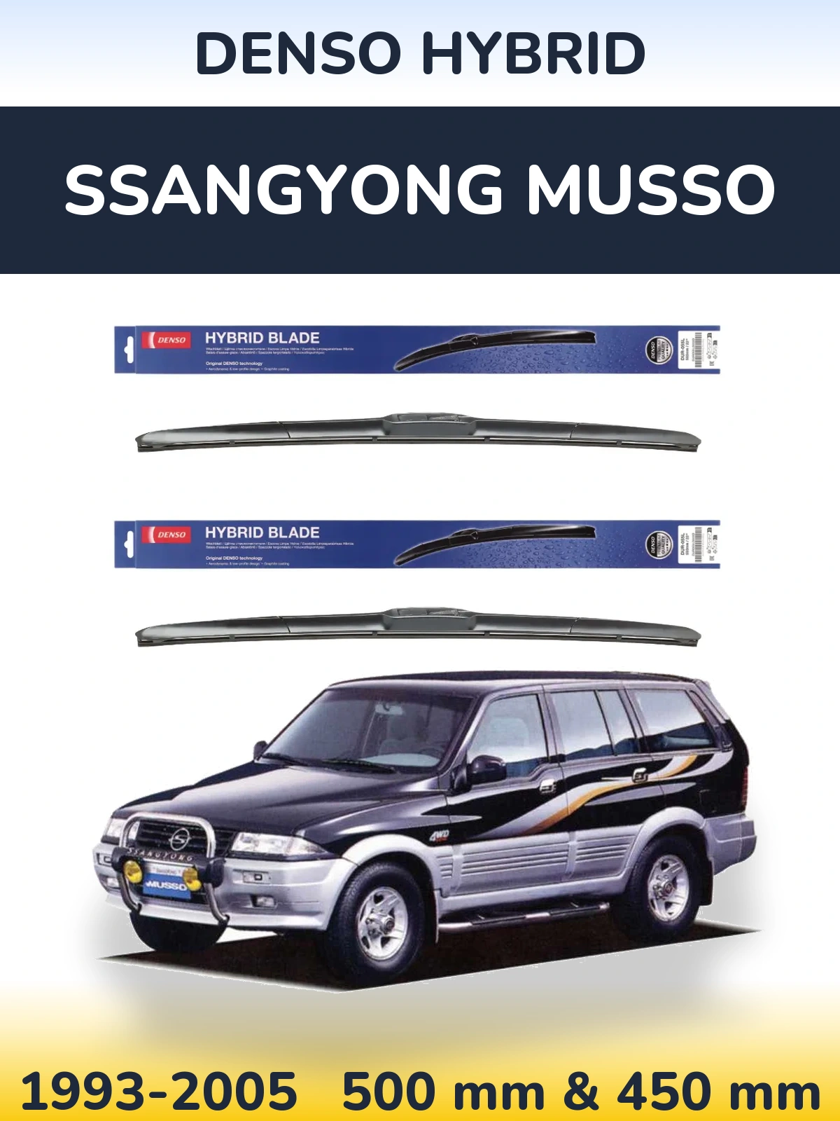 Sada předních stěračů Denso Hybrid 500 a 450 mm pro SsangYong Musso 1993-2005