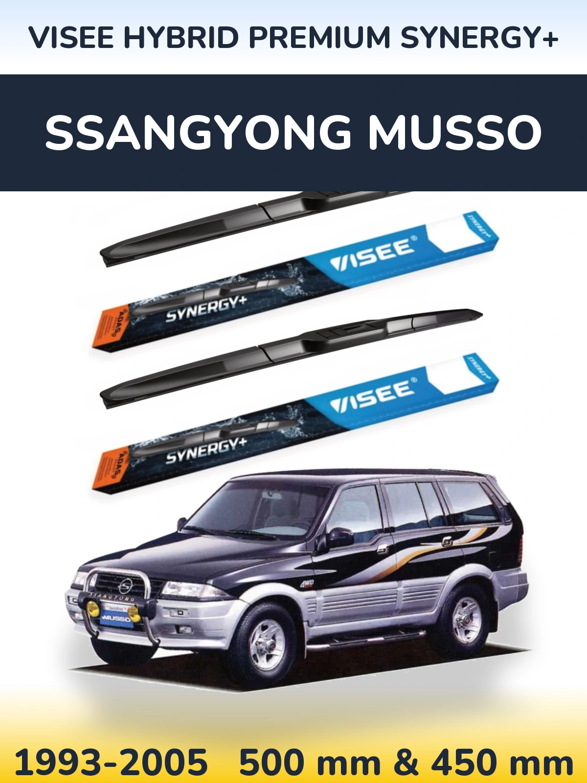 Sada předních stěračů VISEE HYBRID PREMIUM SYNERGY+ 500 a 450 mm pro SsangYong Musso 1993-2005