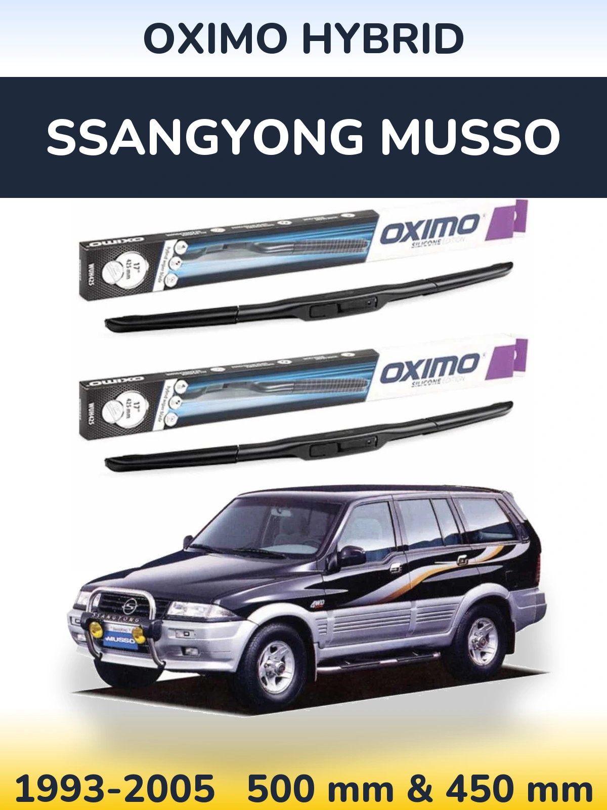 Sada předních stěračů Oximo Hybrid 500 a 450 mm pro SsangYong Musso 1993-2005