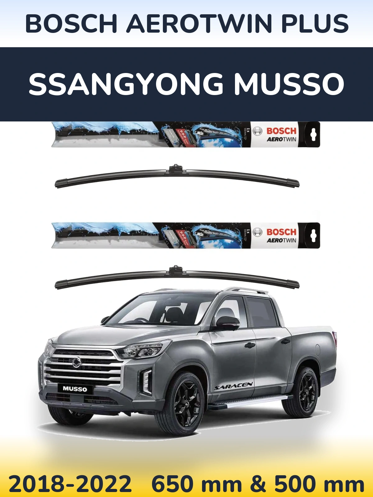 Sada předních stěračů BOSCH AeroTwin Plus 650 a 500 mm pro SsangYong Musso 2018-2022