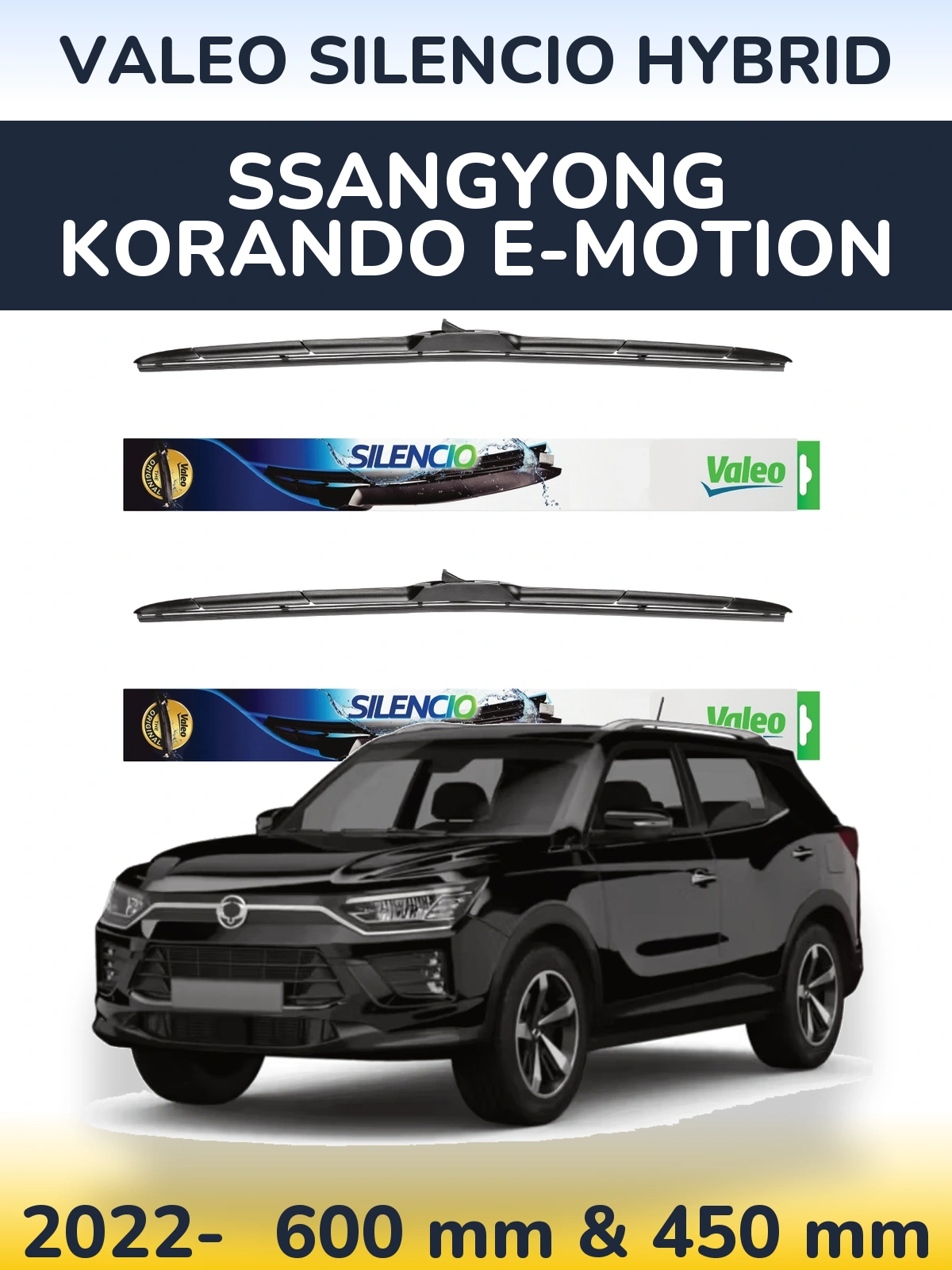 Sada předních stěračů Valeo Silencio Hybrid 600 a 450 mm pro SsangYong Korando E-Motion 2022-2026