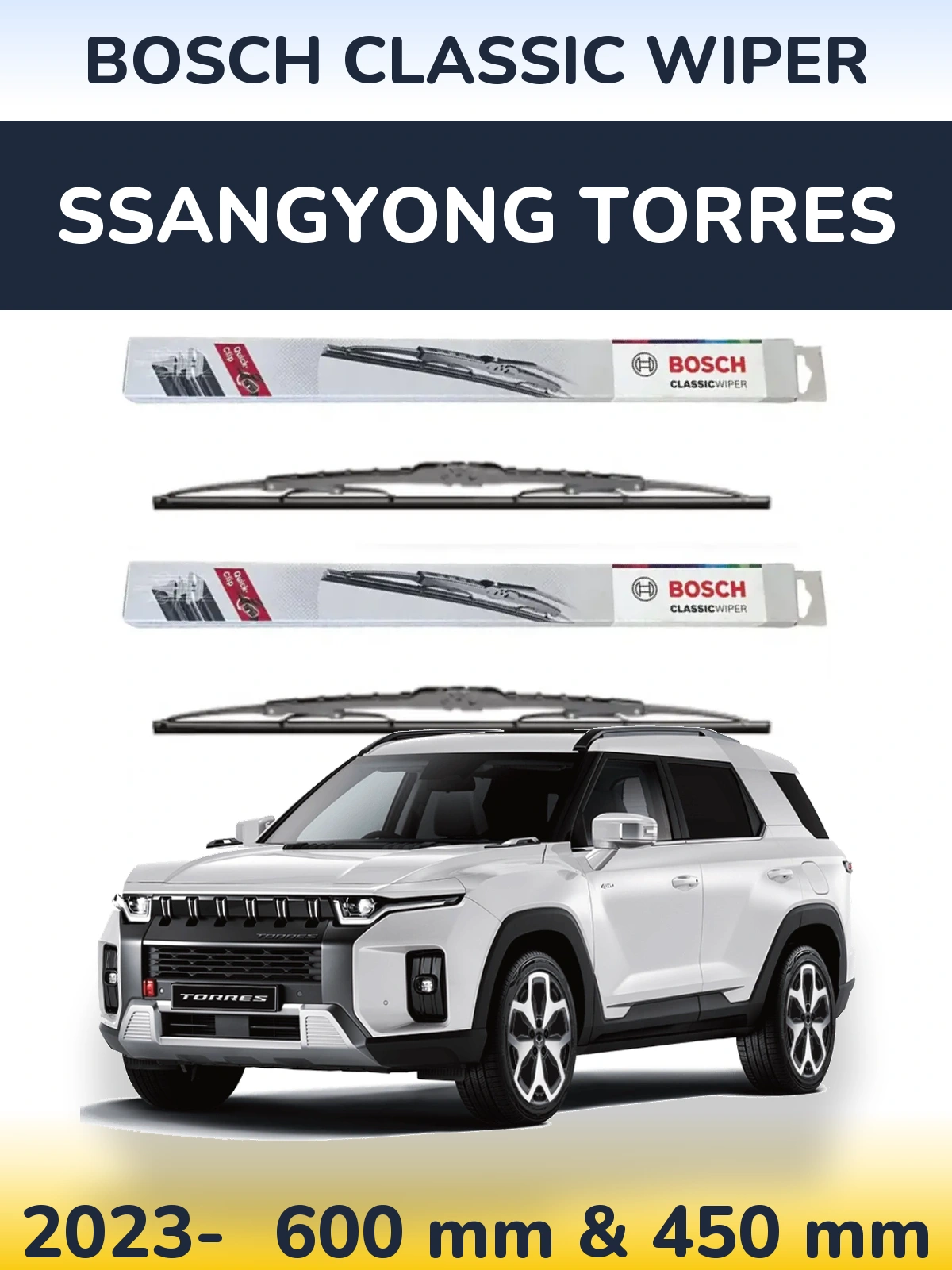 Sada předních stěračů BOSCH Classic Wiper 600 a 450 mm pro SsangYong Torres 2023-2026