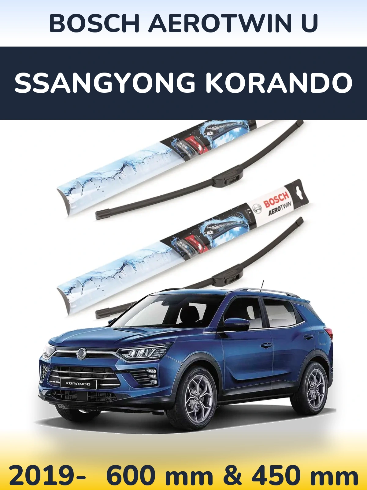 Sada předních stěračů BOSCH AeroTwin U 600 a 450 mm pro SsangYong Korando 2019-2026