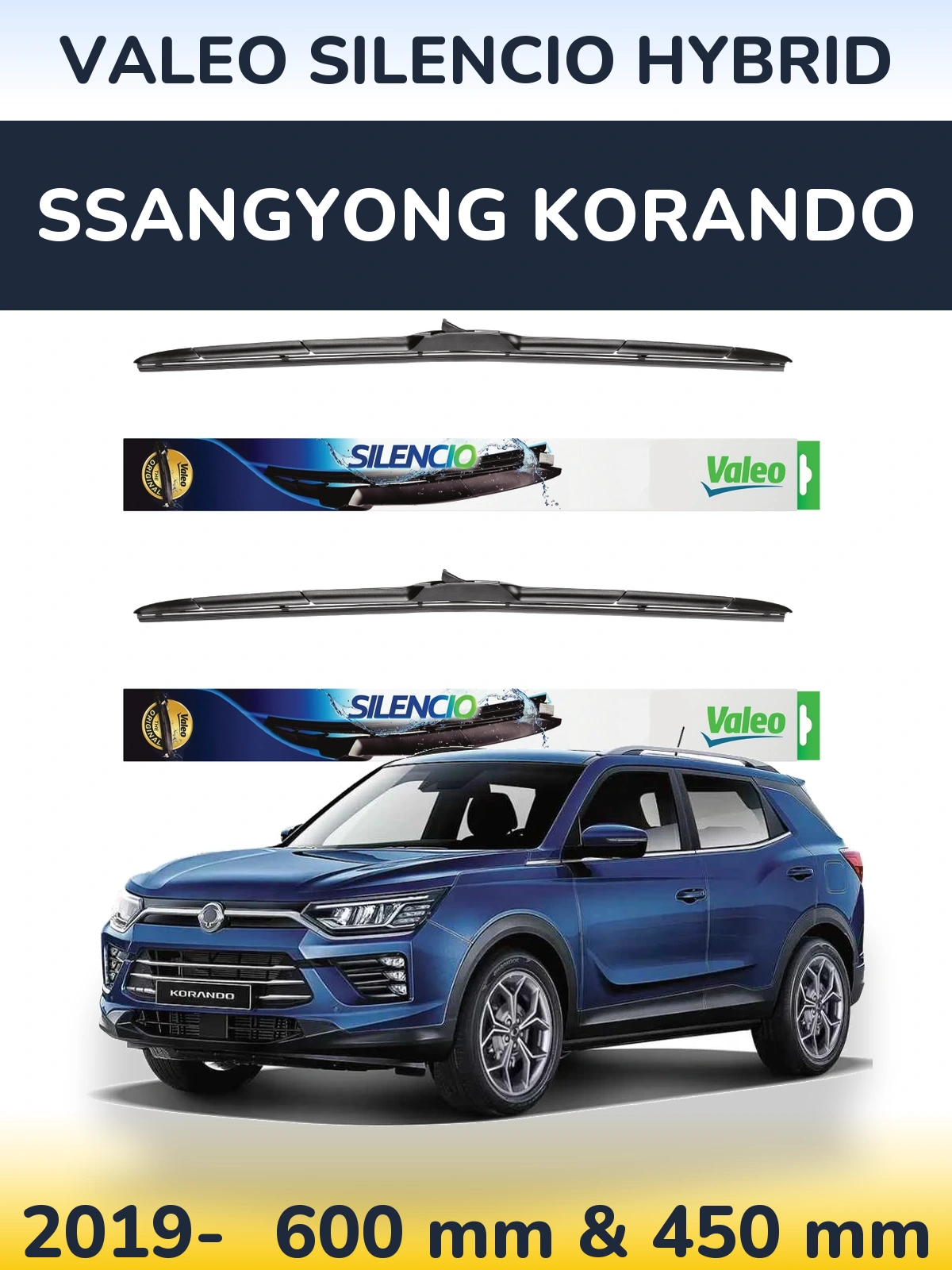 Sada předních stěračů Valeo Silencio Hybrid 600 a 450 mm pro SsangYong Korando 2019-2026