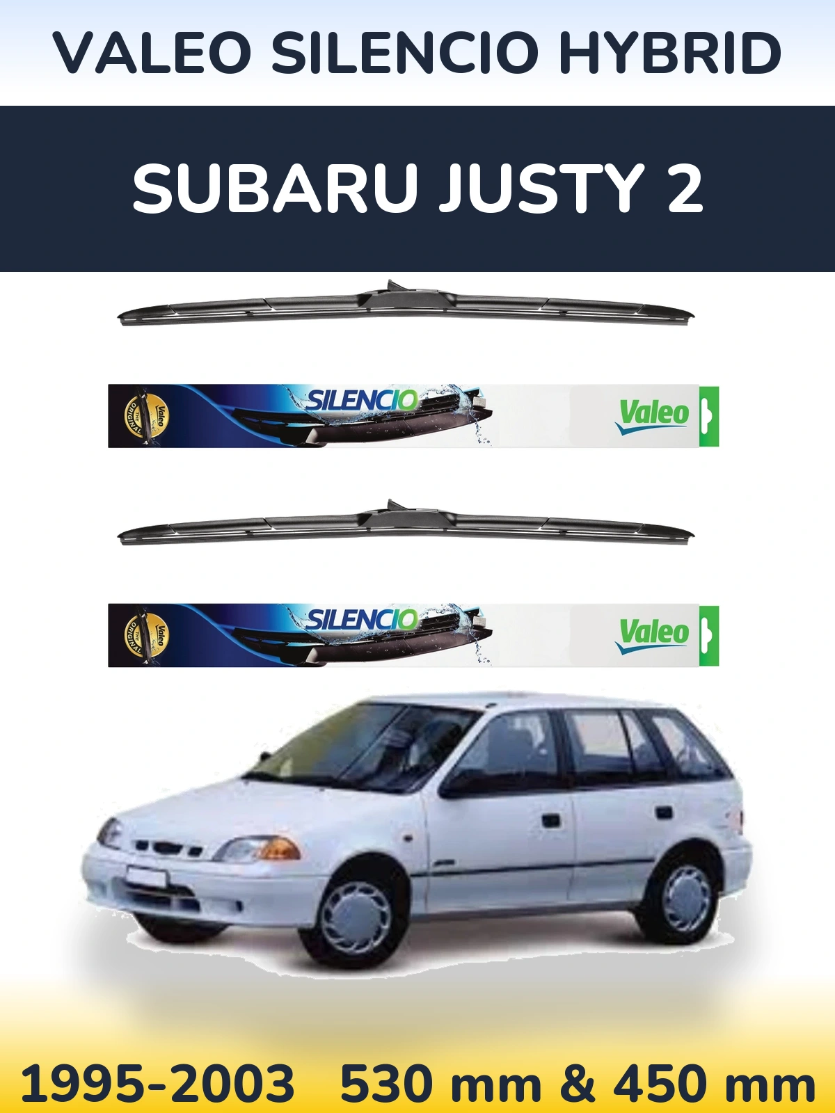 Sada předních stěračů Valeo Silencio Hybrid 530 a 450 mm pro Subaru Justy 2 1995-2003