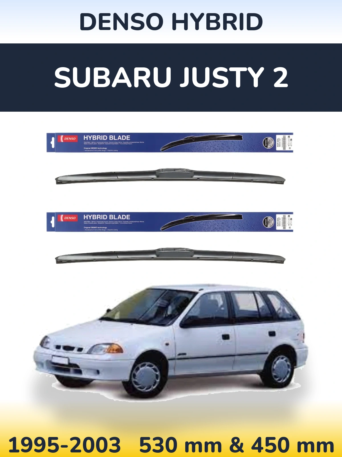 Sada předních stěračů Denso Hybrid 530 a 450 mm pro Subaru Justy 2 1995-2003