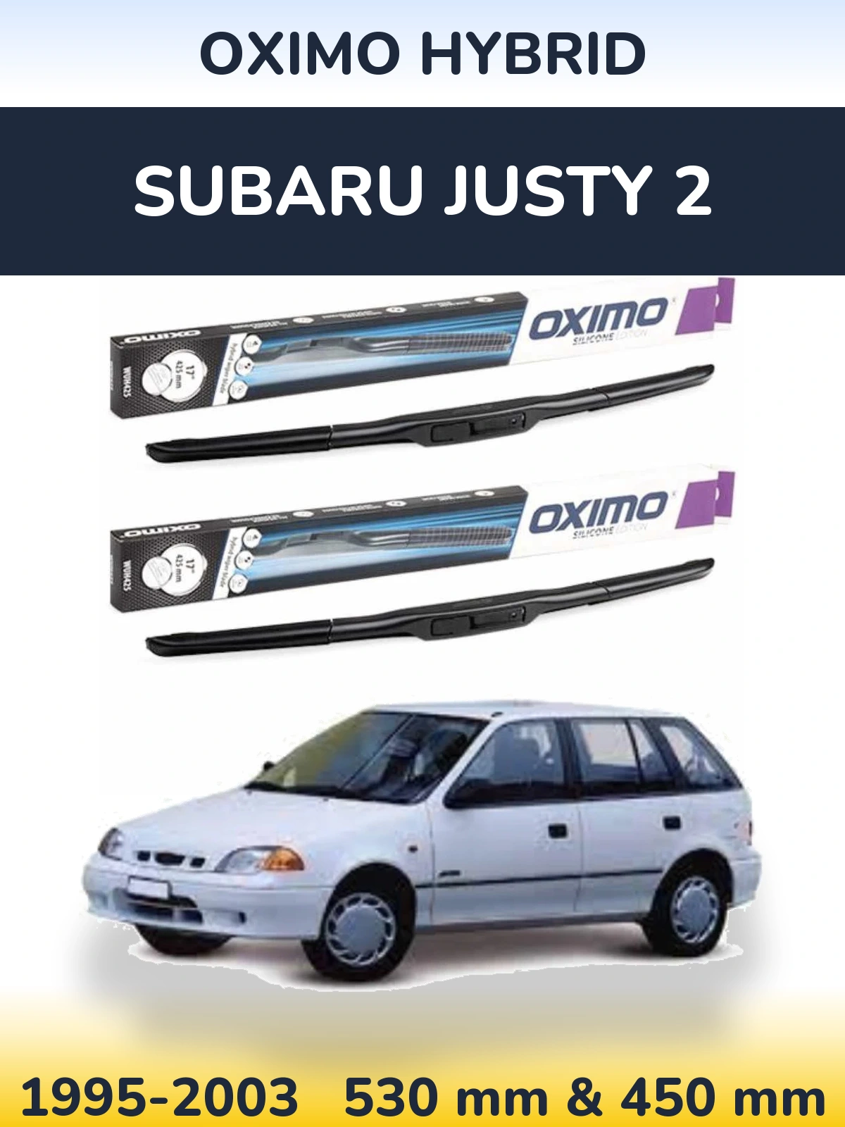 Sada předních stěračů Oximo Hybrid 530 a 450 mm pro Subaru Justy 2 1995-2003
