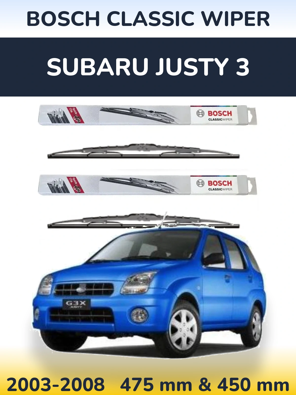 Sada předních stěračů BOSCH Classic Wiper 475 a 450 mm pro Subaru Justy 3 2003-2008