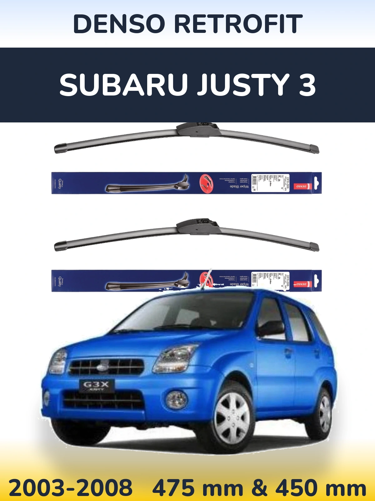 Sada předních stěračů Denso Retrofit 475 a 450 mm pro Subaru Justy 3 2003-2008