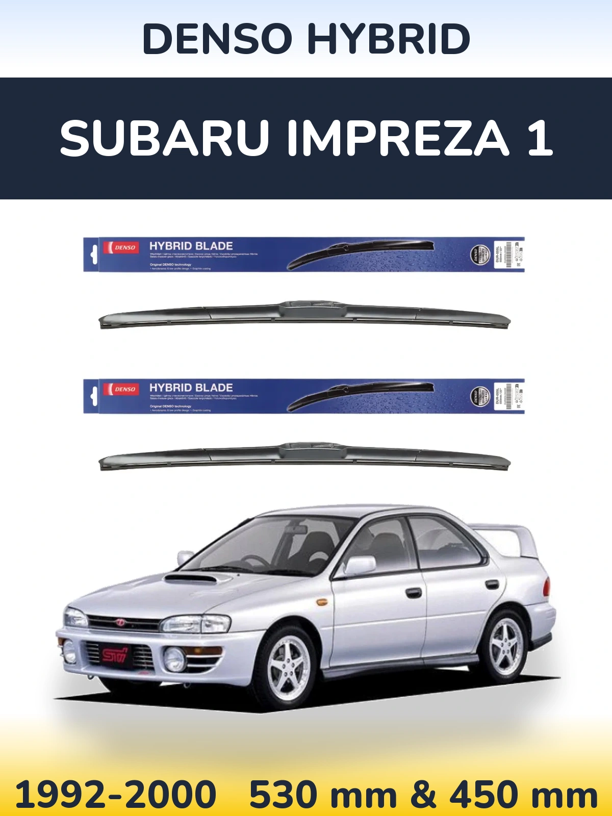 Sada předních stěračů Denso Hybrid 530 a 450 mm pro Subaru Impreza 1 1992-2000