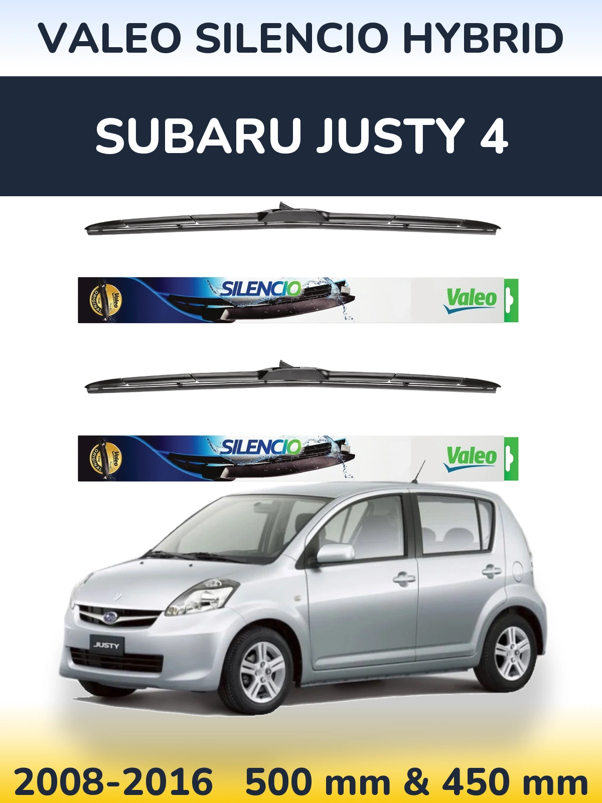 Sada předních stěračů Valeo Silencio Hybrid 500 a 450 mm pro Subaru Justy 4 2008-2016