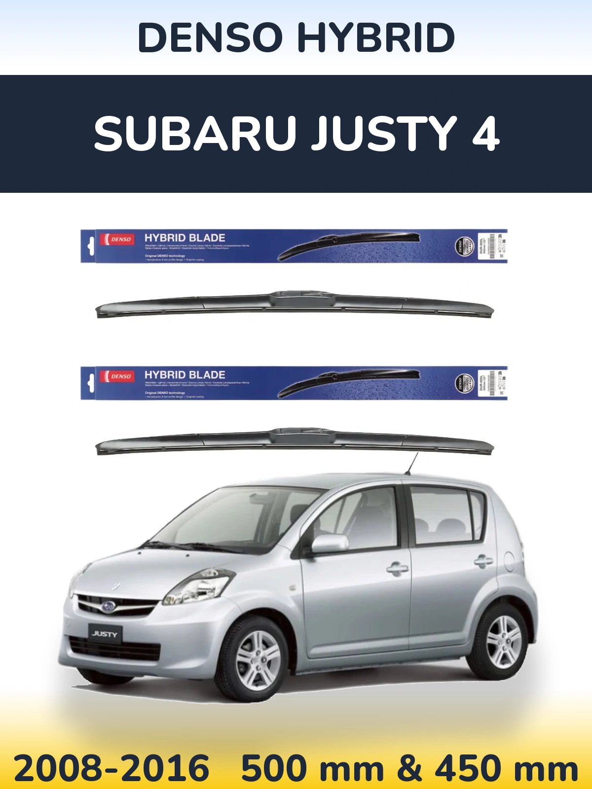 Sada předních stěračů Denso Hybrid 500 a 450 mm pro Subaru Justy 4 2008-2016