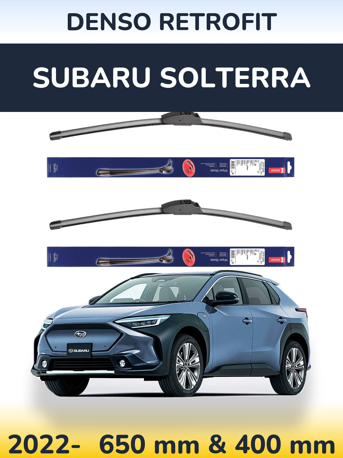 Sada předních stěračů Denso Retrofit 650 a 400 mm pro Subaru Solterra 2022-2026