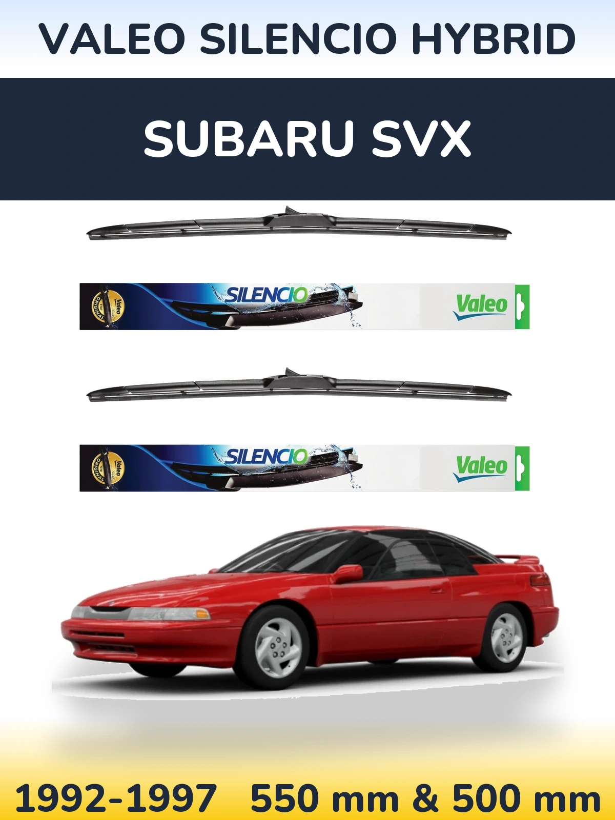 Sada předních stěračů Valeo Silencio Hybrid 550 a 500 mm pro Subaru SVX 1992-1997
