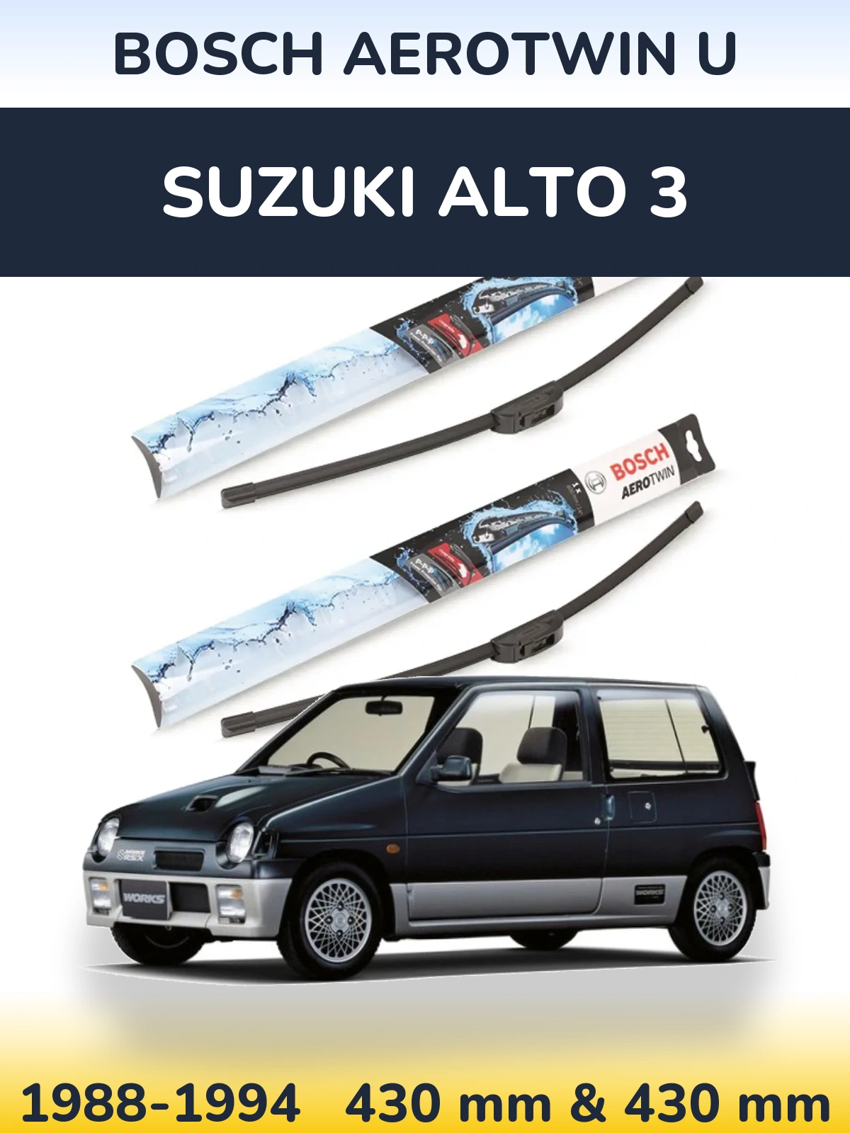 Sada předních stěračů BOSCH AeroTwin U 430 a 430 mm pro Suzuki Alto 3 1988-1994