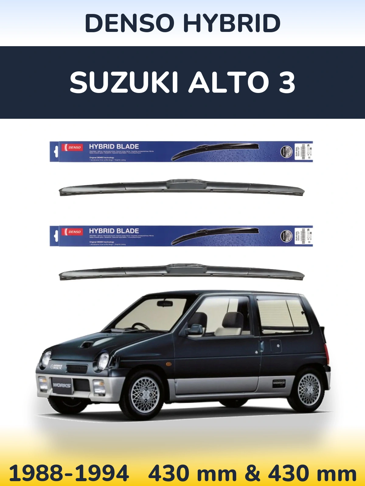 Sada předních stěračů Denso Hybrid 430 a 430 mm pro Suzuki Alto 3 1988-1994