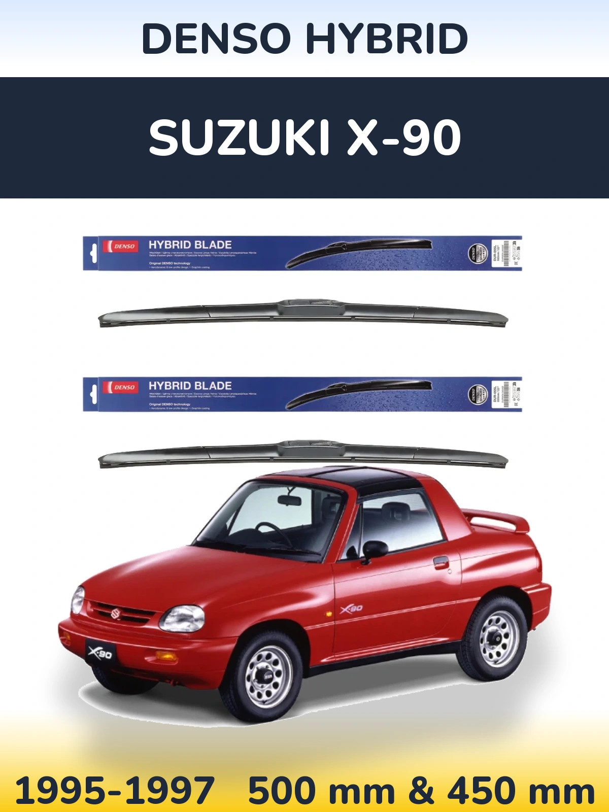 Sada předních stěračů Denso Hybrid 500 a 450 mm pro Suzuki X-90 1995-1997