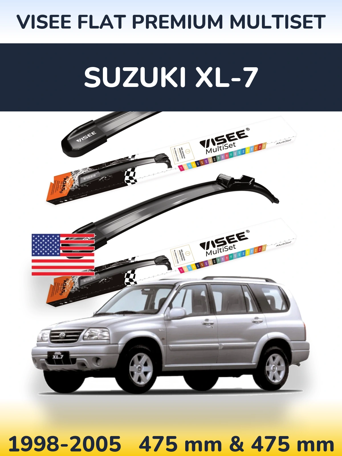 Комплект передніх щіток VISEE FLAT PREMIUM MultiSet 475 & 475 мм для Suzuki XL-7 1998-2005