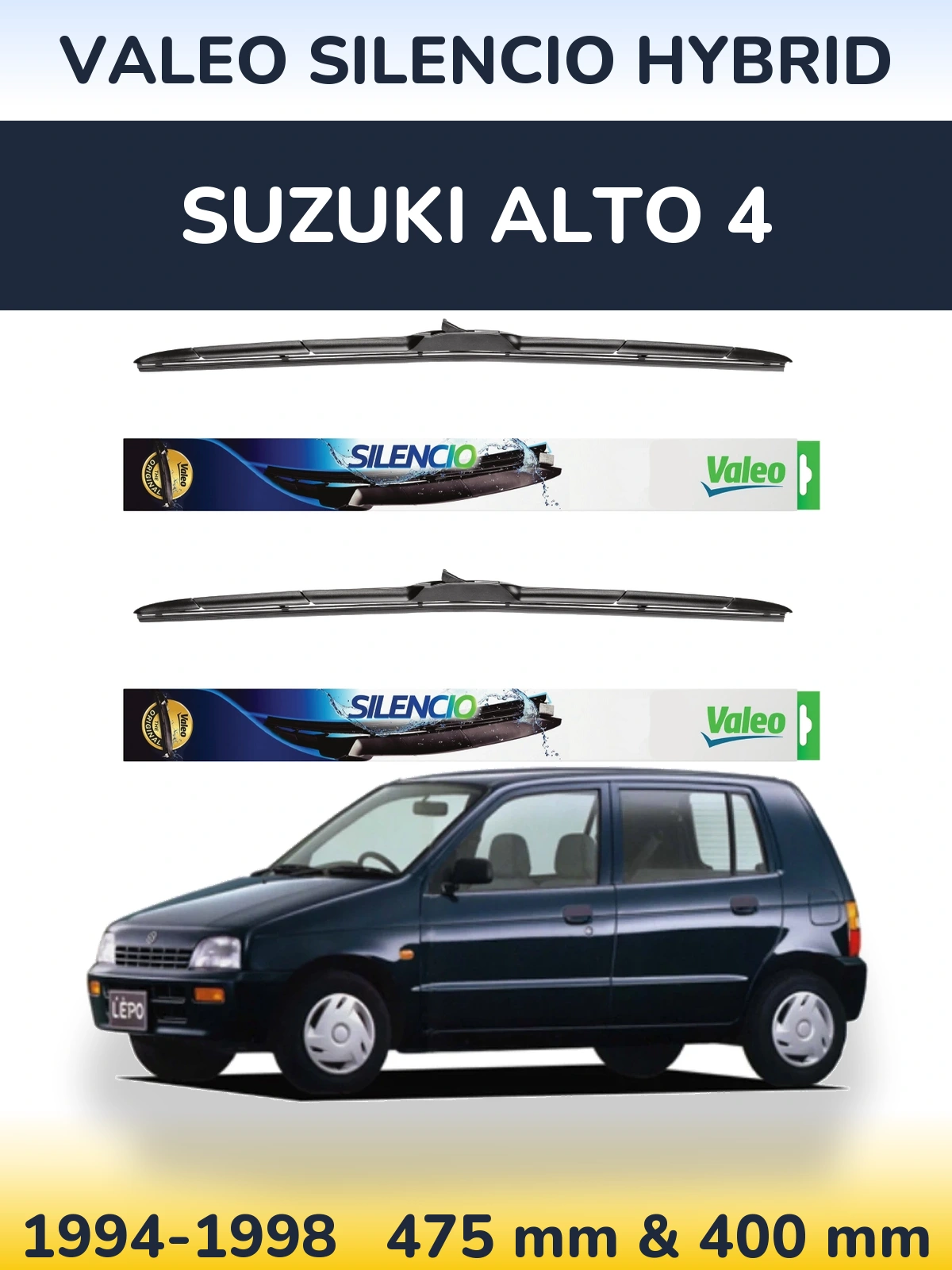 Sada předních stěračů Valeo Silencio Hybrid 475 a 400 mm pro Suzuki Alto 4 1994-1998